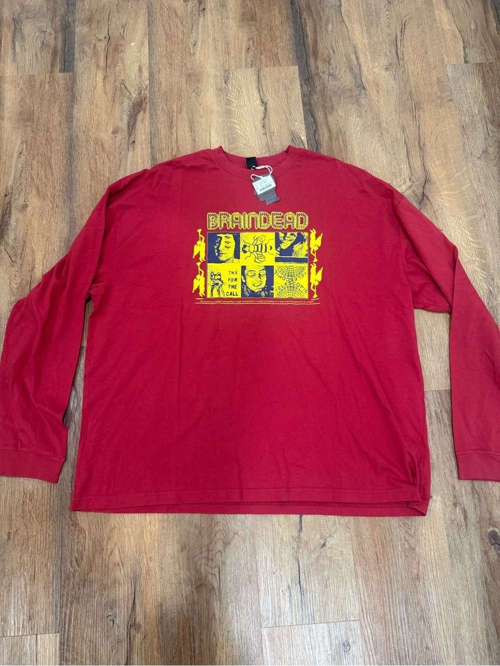 Brain Dead Red Long Sleeve Tee with Yellow Graphic Panels